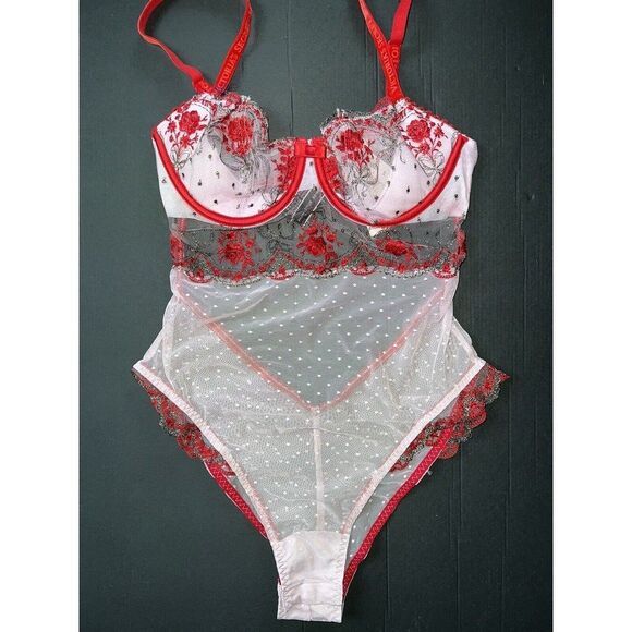 Victoria's Secret unlined 34C BRA SET+garter+TEDDY+ROBE RED lilac pink Embroider - Picture 3 of 11